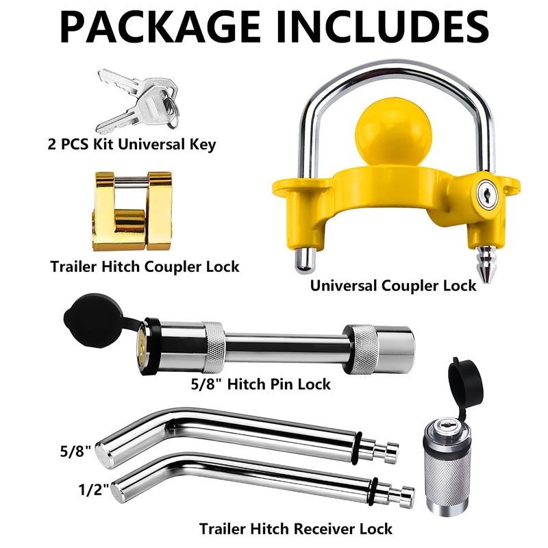 Funmit Trailer Hitch Security Lock Set Including Yellow U-Shaped Universal Ball Hitch Lock, 1/2"" and 5/8"" Receiver Hitch Pin Lock, Golden Trailer Hitch Lock Coupler Locking Pin, Share The Same 2 Keys - Image 2